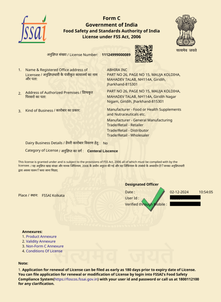 About 8 Abhira Inc. Fssai Liscence